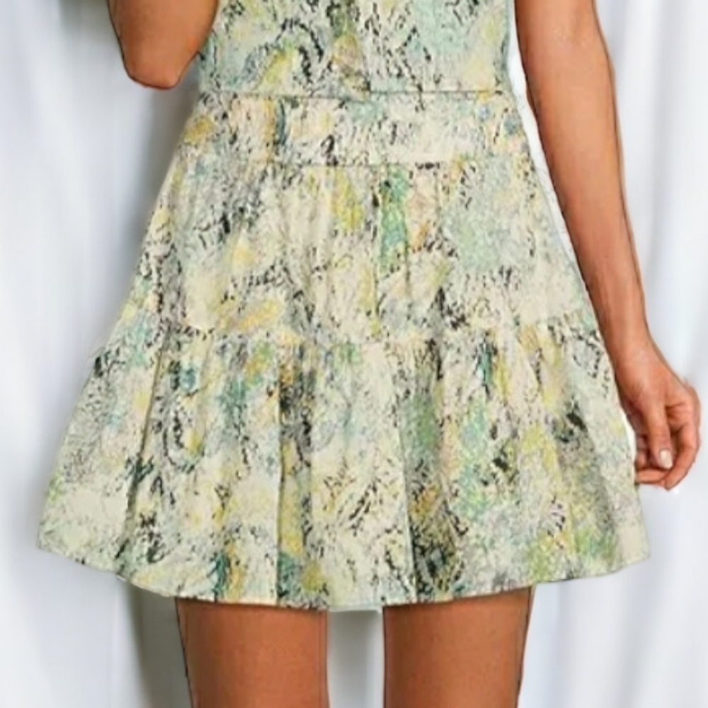 Elan Watercolor Print Chiffon Voile Smocked Waist Ruffle Tiered Mini Skirt - L